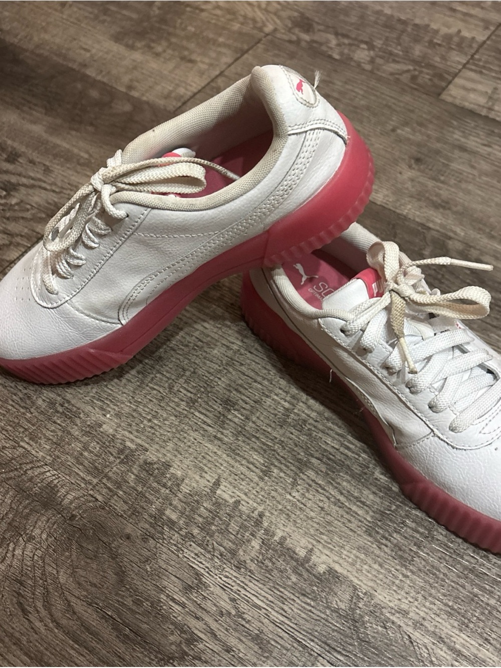 Women’s White Leather Sneakers with Pink Platform Sole